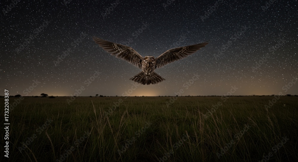 Fototapeta premium Owl flies over a grassy plain under a starfilled night sky