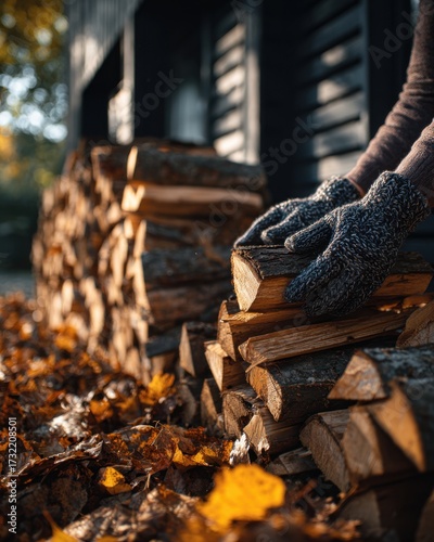 Wallpaper Mural Stacking firewood near rustic cabin in autumn for seasonal warmth and home comfort Torontodigital.ca