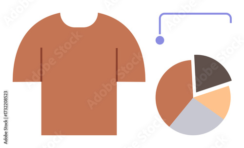 Brown shirt beside pie chart connected with a line segment. Ideal for fashion trends, clothing industry, market analysis, style research, production data, textile business, simple flat metaphor