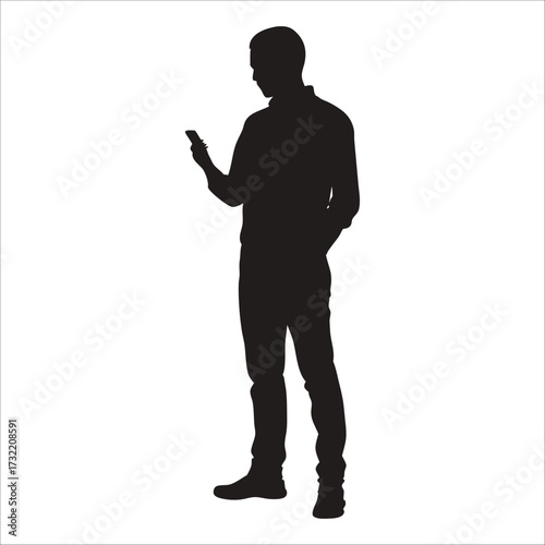 Standing man using a mobile phone, vector silhouette