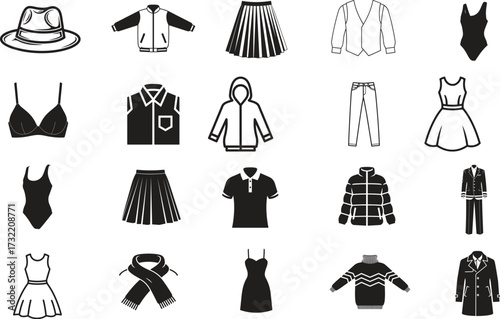 Fashion clothing icons with hats and jackets and skirts and dresses and swimwear apparel