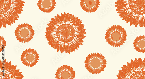 Orange sunflowers scatter on off-white background in a flat, stylized pattern
