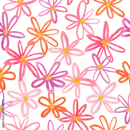 Seamless hand drawn watercolor flowers pattern. Colorful floral vector backgr...