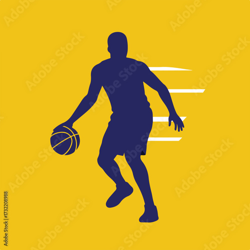 Silhouette of basketball player dribbling ball on yellow square with motion lines