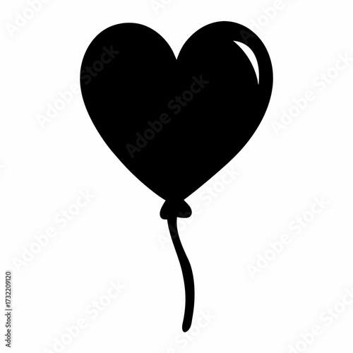 Black silhouette of a heart balloon ascending on a white background