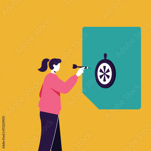 Woman throws dart at bullseye on teal board; minimal vector illustration
