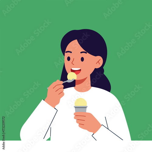 Woman eats ice cream from cone with a spoon