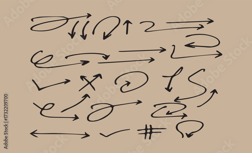 Hand drawn arrow collection doodle style on kraft paper background