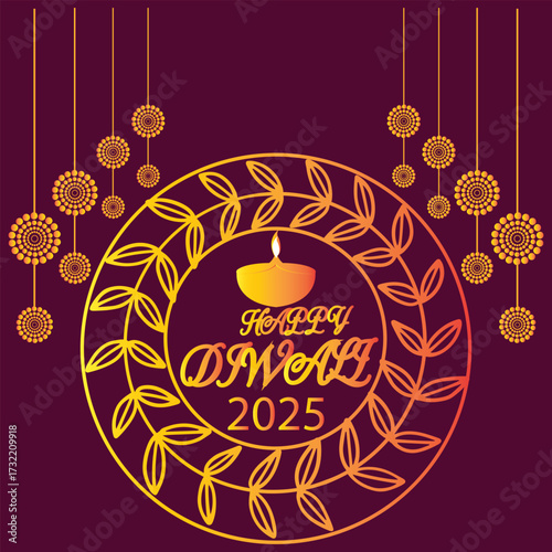 Happy Diwali 2025 festival greeting card design.Colorful Happy Diwali 2025 greeting card with diya lamp, rangoli floral decoration, and  ornaments celebrating the Indian festival of lights.EPS 10/ AI.
