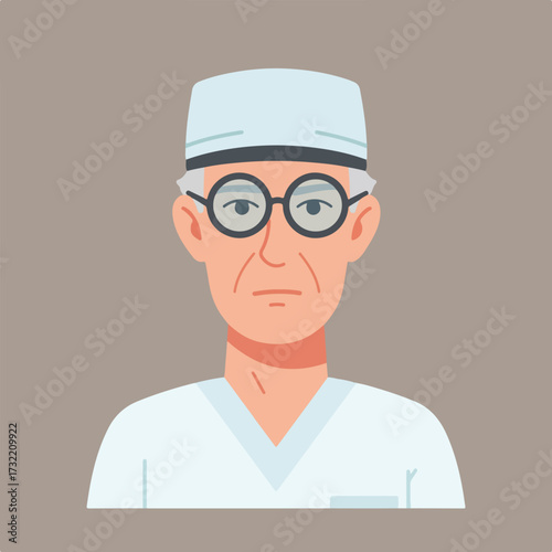 Older man in scrubs and glasses with neutral expression on a taupe background
