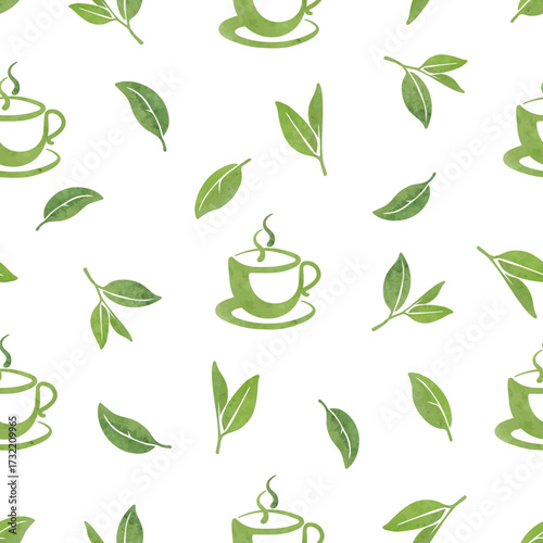 Green tea vector pattern with watercolor leaves and cups