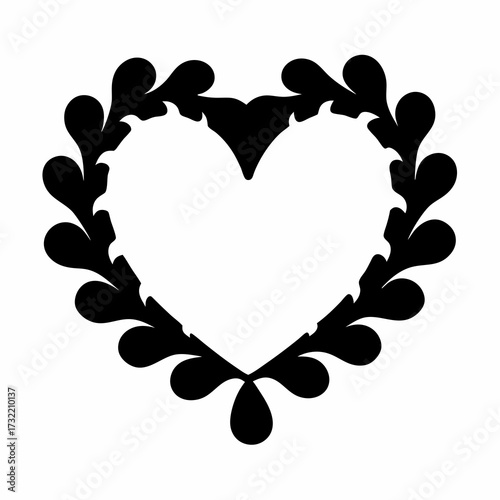 Elegant heart frame decorated with black decorative floral ornaments on white background