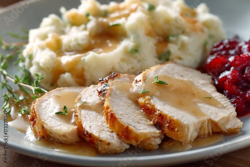 A plate of Thanksgiving dinner includes sliced turkey and gravy. Mashed potatoes and cranberry sauce complete the meal.