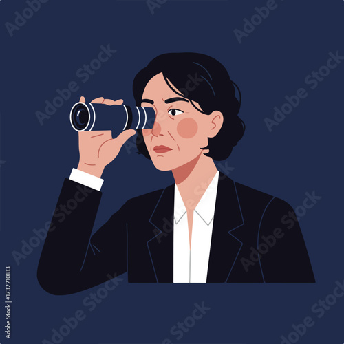 Woman in suit peers through spyglass on a deep blue background