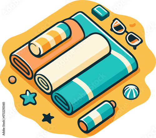 Cartoon Beach Towels and Summer Accessories on Sand, Vector Flatlay Holiday