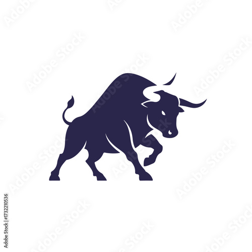 Navy bull charges forward with menacing pose, horns out, tail flicked up