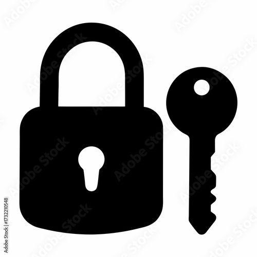 Black silhouette of a padlock with a key, security and privacy concept