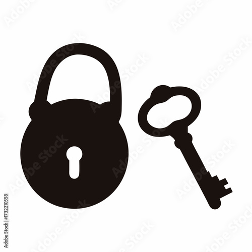 Silhouette illustration of an antique padlock and key on a white background