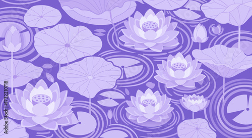 Lilac lotuses & lily pads create circular water ripples in a flat design