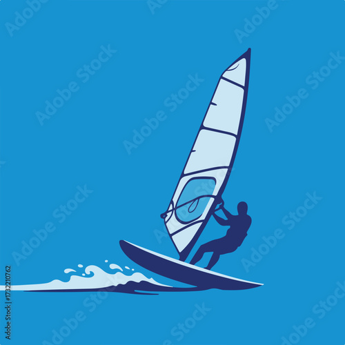 Windsurfer silhouette on a blue background with stylized waves