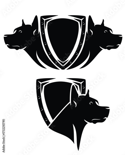 great dane profile head and heraldic metal shield - guard dog insignia badge black and white vector design