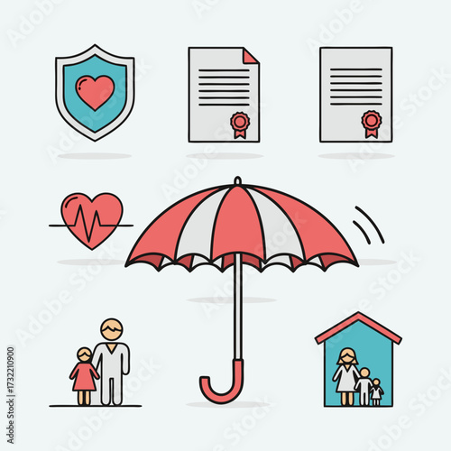 Comprehensive Insurance Coverage icon set. Colored outline vector symbols for total health, life, and property protection.