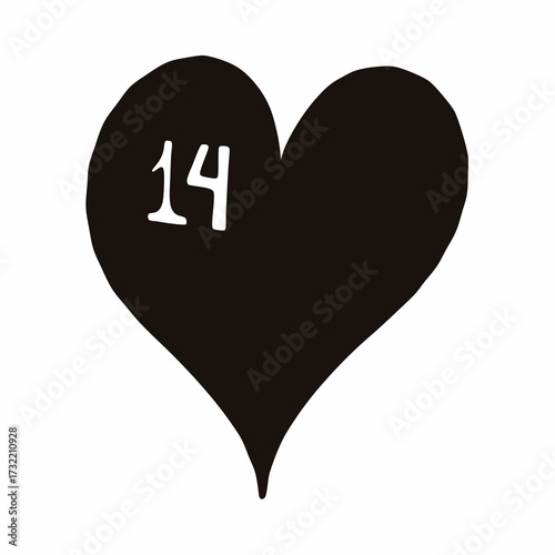 A symbolic monochrome heart shape with the number fourteen prominently displayed