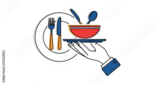 Restaurant and catering service vector icon. A colored outline symbol of a waiter's hand serving a gourmet meal on a plate.