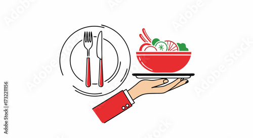 Healthy food restaurant service concept. Vector illustration of a waiter's hand serving a fresh salad bowl for a nutritious diet.