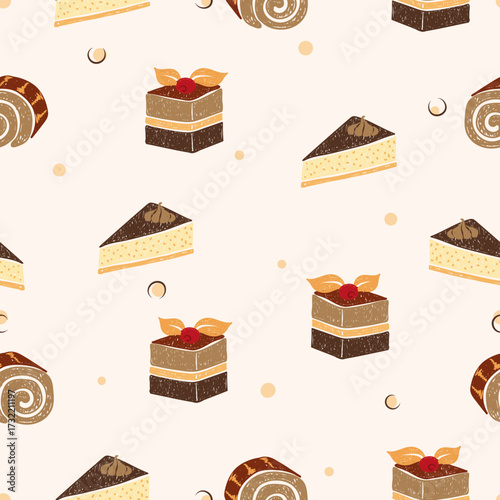 Seamless pattern with hand drawn cakes and desserts. Sweets vector print
