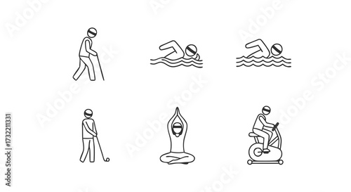 Active senior lifestyle line icon set. Black and white outline symbols for elderly fitness, hobbies, and physical therapy.