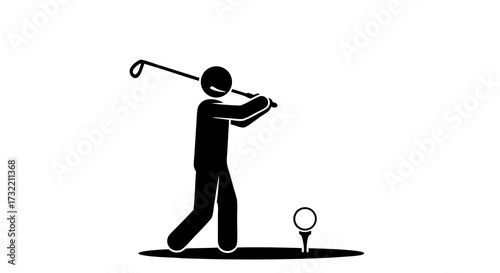 Stick figure golfer swinging a club. A simple vector pictogram of a player driving a golf ball from the tee for a long shot.