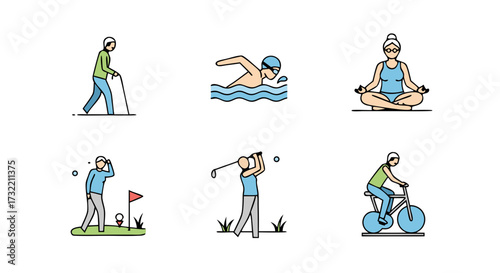 Active senior lifestyle icon set. Colored outline vector symbols of elderly people in retirement doing sports and hobbies.