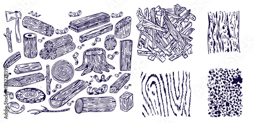 Wood rings. Round tree trunk cut with growth lines, wooden circle log with natural textured surface, carpentry material flat style. Vector isolated set