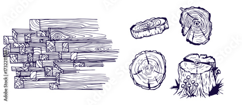 Wood rings. Round tree trunk cut with growth lines, wooden circle log with natural textured surface, carpentry material flat style. Vector isolated set