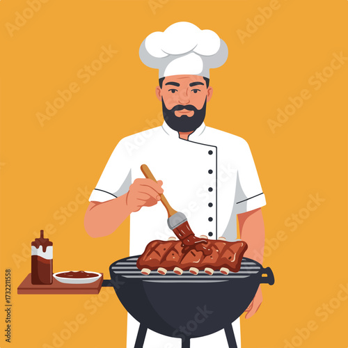 Chef basting ribs on a grill with sauce on mustard background