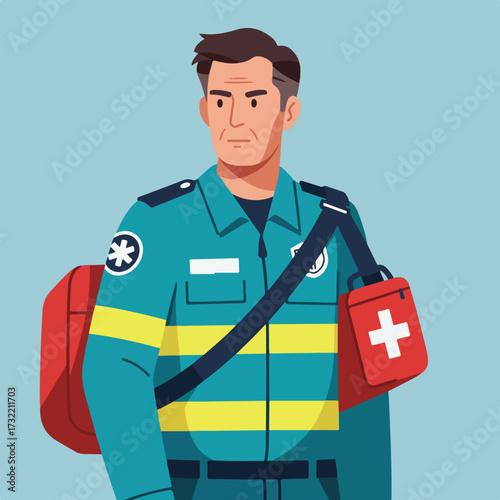 A cartoon EMT wearing uniform and medical bags looks slightly to the side