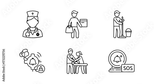 Home and community support services line icon set. Black and white outline vector symbols for healthcare, cleaning, and delivery jobs.