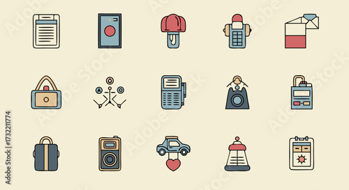 Eclectic multipurpose icon set. A collection of retro colored outline vector symbols for business, travel, and various creative projects.