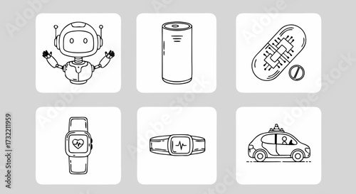 Futuristic technology line art icon set. Black and white outline symbols of AI, smart devices, nanomedicine, and autonomous cars.