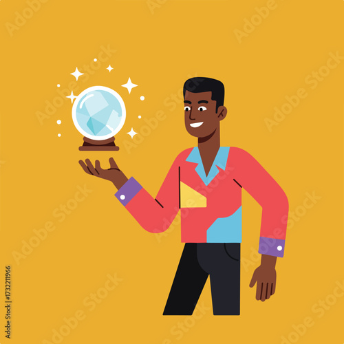 Man holds crystal ball with shiny stars on a golden yellow background