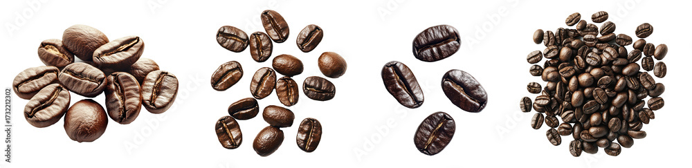 Fototapeta premium Set of coffee beans arranged in a row, showcasing their rich color and texture, PNG, isolated on transparent background.