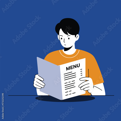 Person reading menu at a table, orange shirt, black hair, blue background