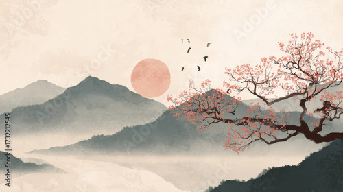 Traditional japanese landscape with cherry blossoms, misty hills, and watercolor textures