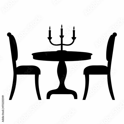 Elegant dining table set with chairs and candelabra in silhouette