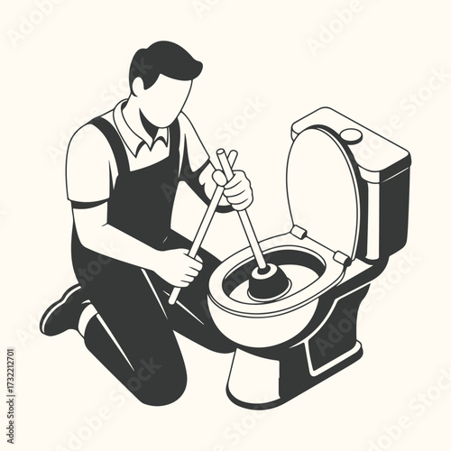Vector art of a plumber kneeling down and using a plunger to fix a clogged toilet, representing plumbing services and home maintenance