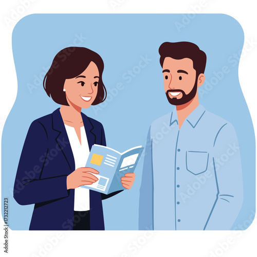 Woman showing a brochure to a bearded man on a light blue background