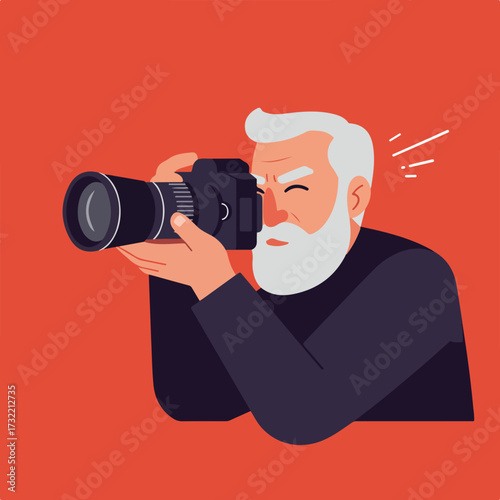 Bearded man takes picture with a black camera on a coral background