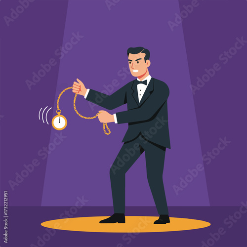 Man in suit hypnotizing with pocket watch on stage under spotlight