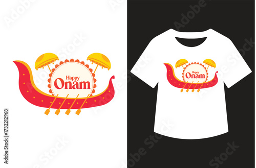 Minimalist black and white graphic featuring "Happy Onam" in modern calligraphy. Text shown standalone and on a white t-shirt design. Clean, bold, high-contrast style for print or design use.